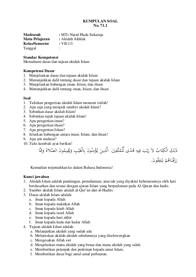 Soal Aqidah Akhlak Kelas 9 Semester 2 Kurikulum 2013